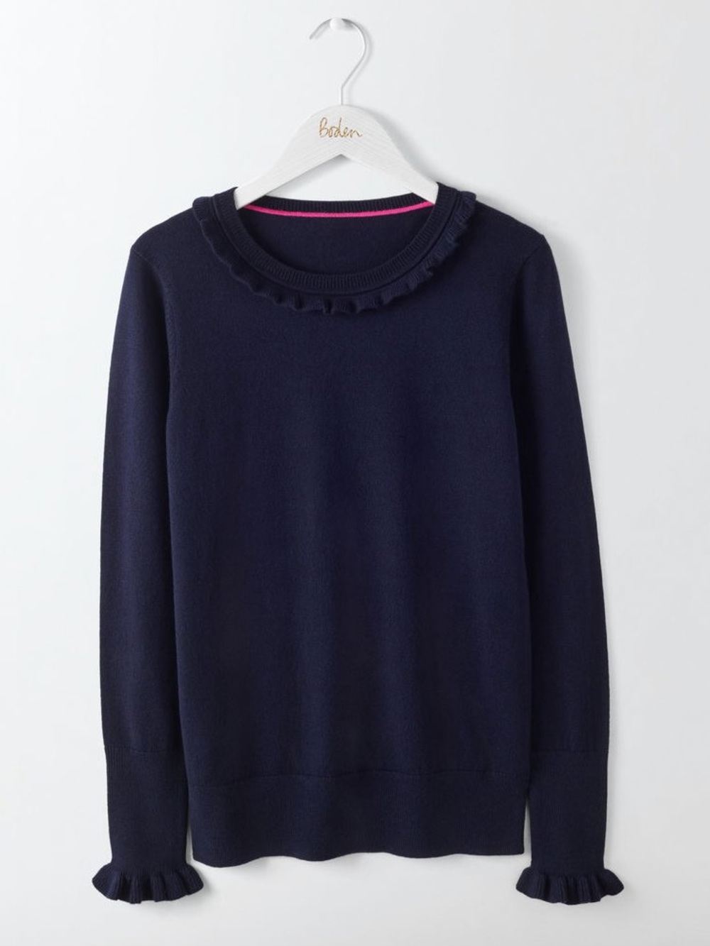 Boden Bernadette Navy Wool Cotton Ruffle Sweater Preppy Twee US 6